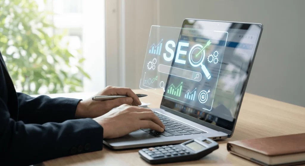 Online Business Ideen: eigenes Online Business starten Bild mit Laptop und SEO