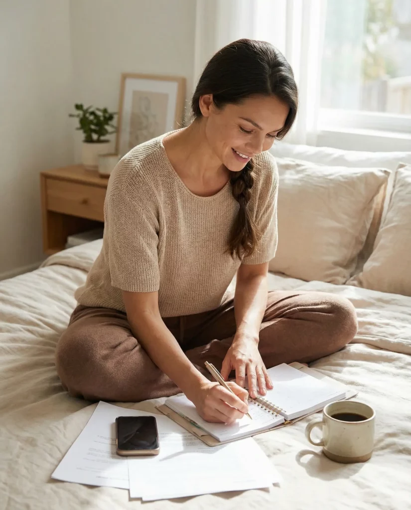 Affiliate Marketing: Partnerprogramme verstehen und erfolgreich starten Frau mit to do liste auf dem bett sitzend
